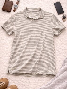 Gap Striped Polo Shirt Mens Large Tan White Coastal Minimalist Summer Tee
